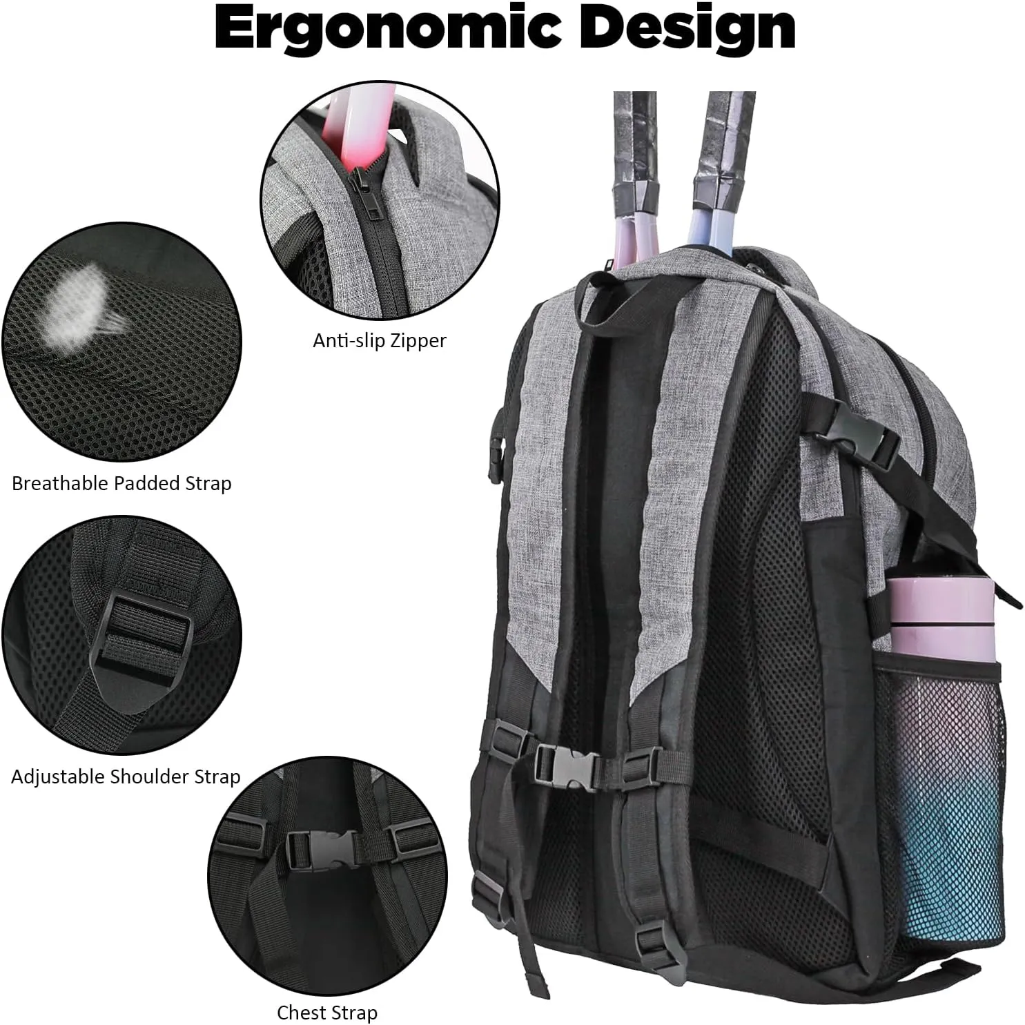 WOLT Tennis Bag - Large Tennis Racket Backpack for Men & Women - Ventilated Shoe Compartment - Holds 2 Rackets