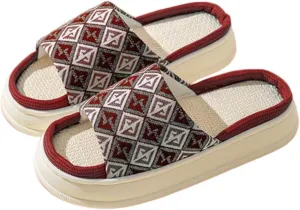 Women and Men Bohemian Linen Slippers Indoor Outdoor, Non-slip Memory Foam Open-Toe House Shoes, Soft Bottom Unisex Washable Cotton Casual Slide