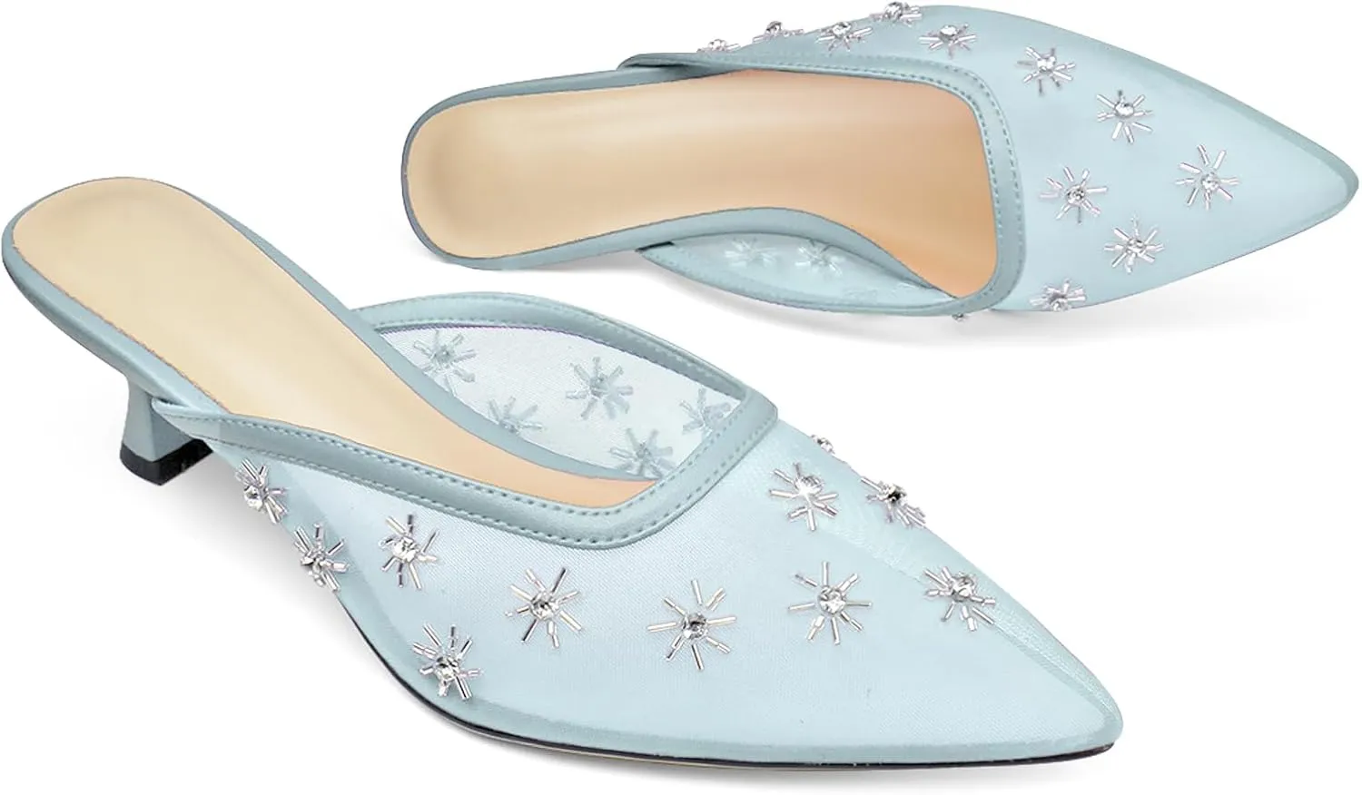 Women Kitten Heel Mules Crystal Flower Decor Mesh Pointed Toe Low Heel Casual Pumps