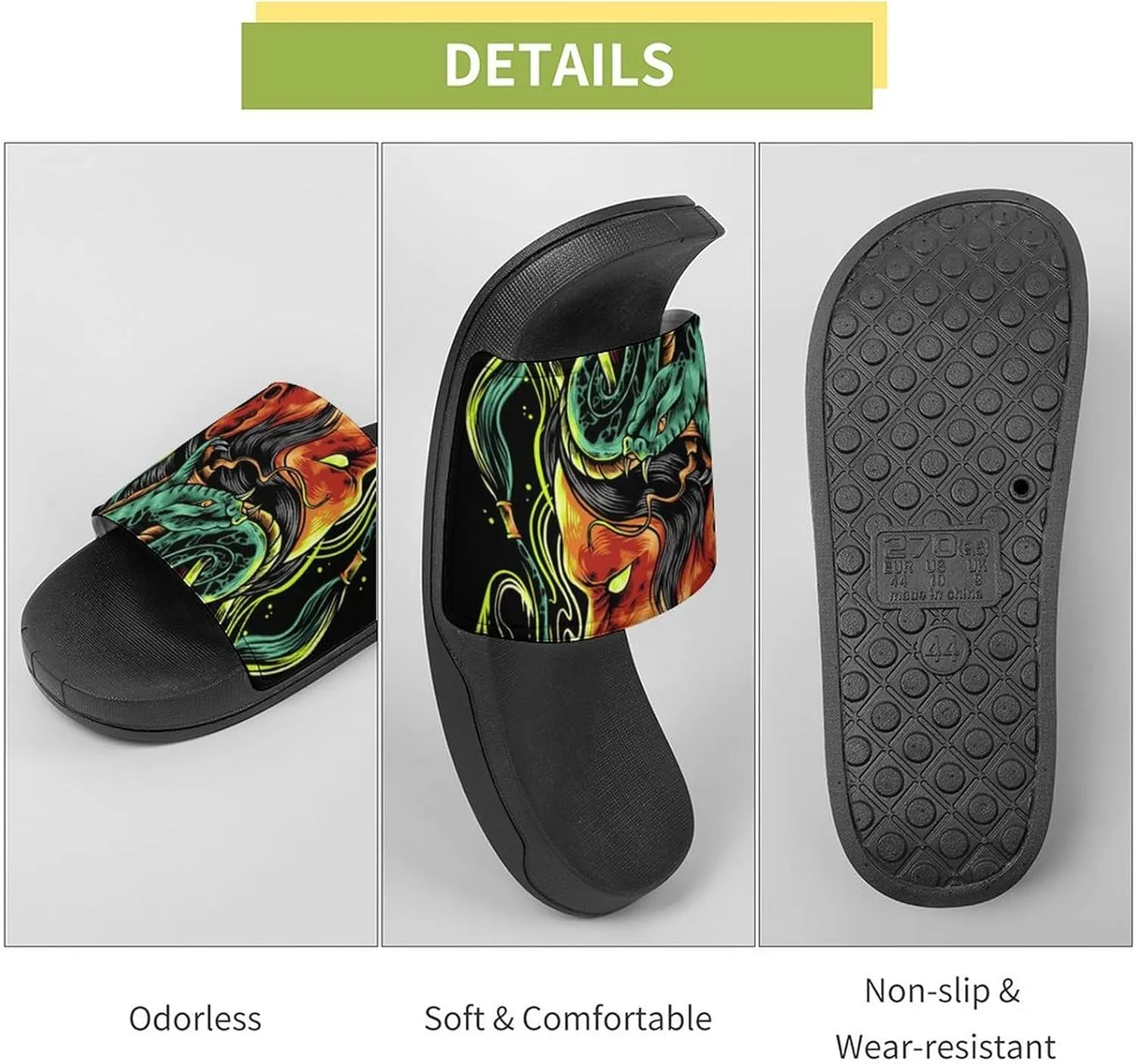 Women Men Slide Slippers Sandals Shower Home Beach House Shoes Gifts, Devil Snake Demon Japanese