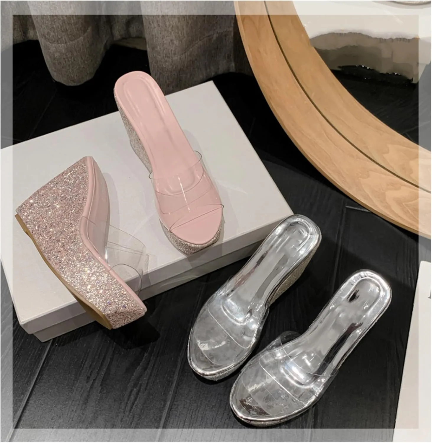 Women Platform Wedge Slippers Sandal Comfortable and Non-Slip Round Toe Open Slip On Transparent PU Noodle Glitter Sole Chunky Lippers Suitable Summer Parties Outdoor Sexy Dress