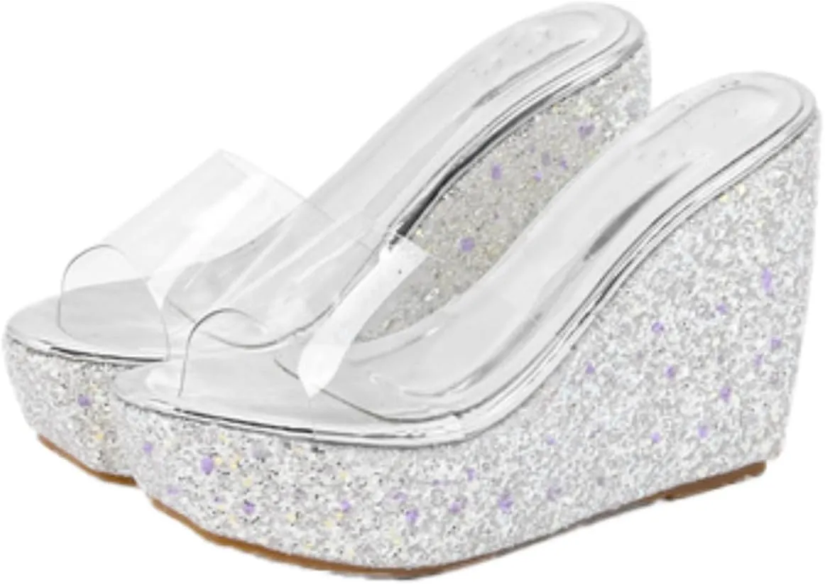 Women Platform Wedge Slippers Sandal Comfortable and Non-Slip Round Toe Open Slip On Transparent PU Noodle Glitter Sole Chunky Lippers Suitable Summer Parties Outdoor Sexy Dress