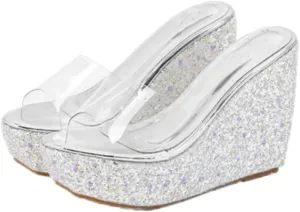 Women Platform Wedge Slippers Sandal Comfortable and Non-Slip Round Toe Open Slip On Transparent PU Noodle Glitter Sole Chunky Lippers Suitable Summer Parties Outdoor Sexy Dress