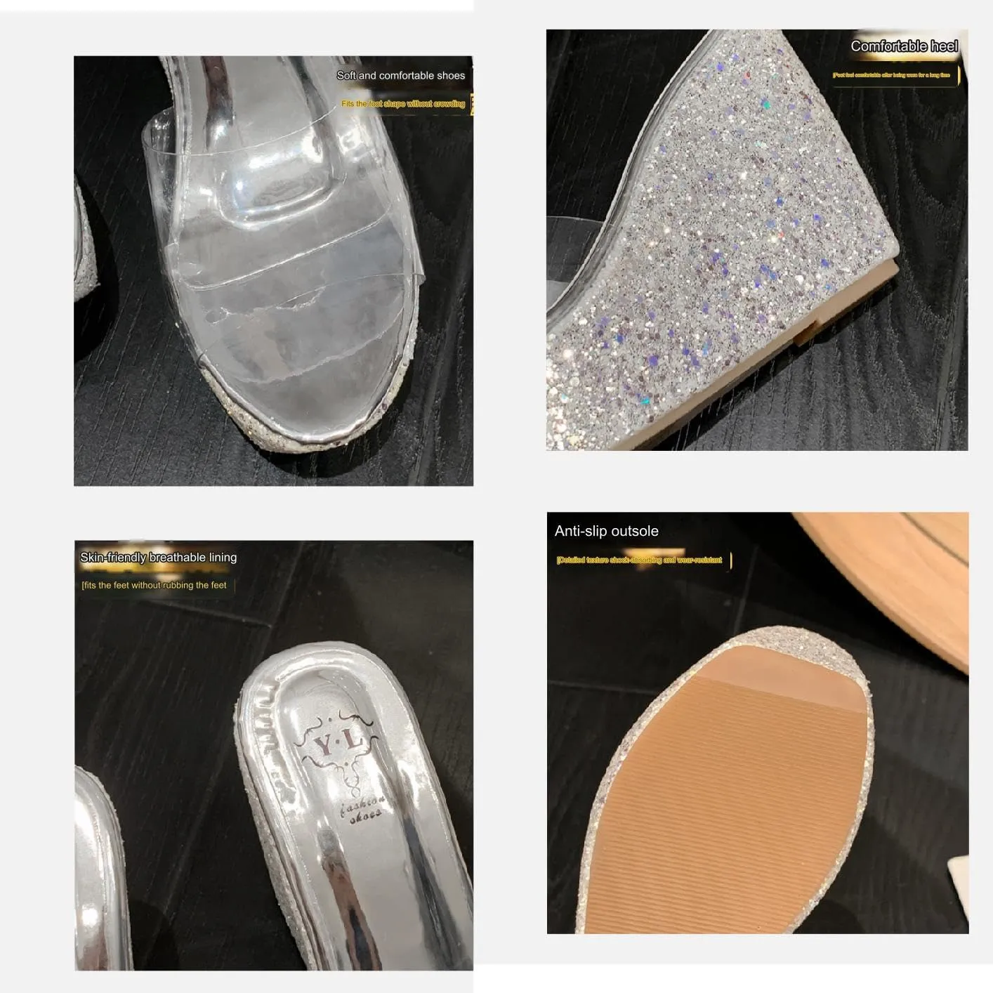 Women Platform Wedge Slippers Sandal Comfortable and Non-Slip Round Toe Open Slip On Transparent PU Noodle Glitter Sole Chunky Lippers Suitable Summer Parties Outdoor Sexy Dress