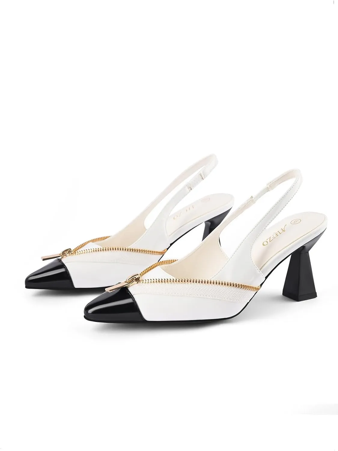 Women Slingback Kitten Heels Closed Pointed Toe Zipper Decor Slip On Pumps Dress Shoes