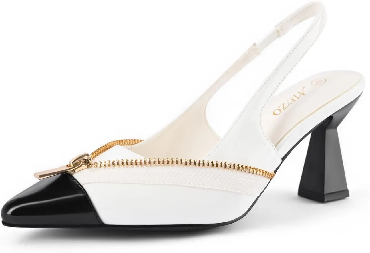Women Slingback Kitten Heels Closed Pointed Toe Zipper Decor Slip On Pumps Dress Shoes