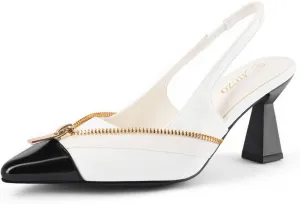 Women Slingback Kitten Heels Closed Pointed Toe Zipper Decor Slip On Pumps Dress Shoes