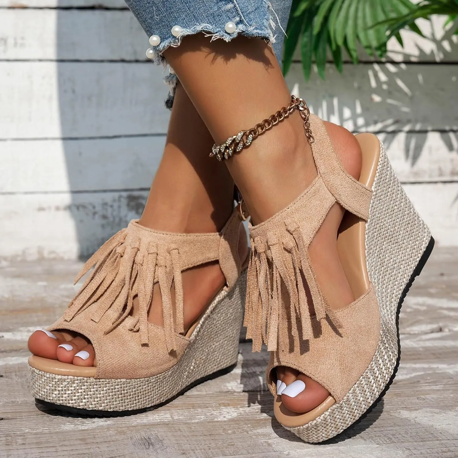 Women Summer Tassels Woven Orthopedic Wedge Sandals 2025 Summer Tassel Suede Woven Casual Open Toe Thick Soled High Heels Sandals Comfortable Lightweight Stylish Outdoor Wear Shoes