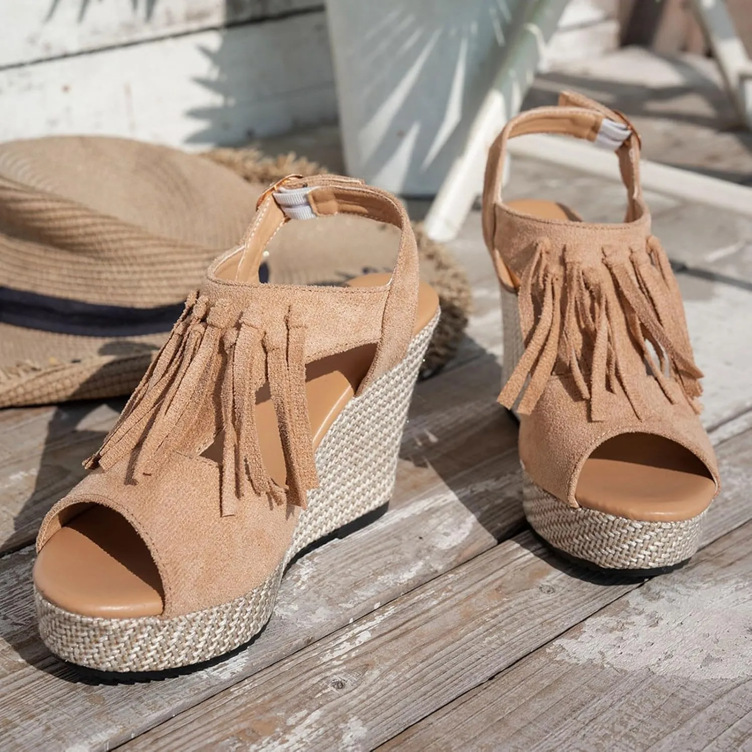 Women Summer Tassels Woven Orthopedic Wedge Sandals 2025 Summer Tassel Suede Woven Casual Open Toe Thick Soled High Heels Sandals Comfortable Lightweight Stylish Outdoor Wear Shoes