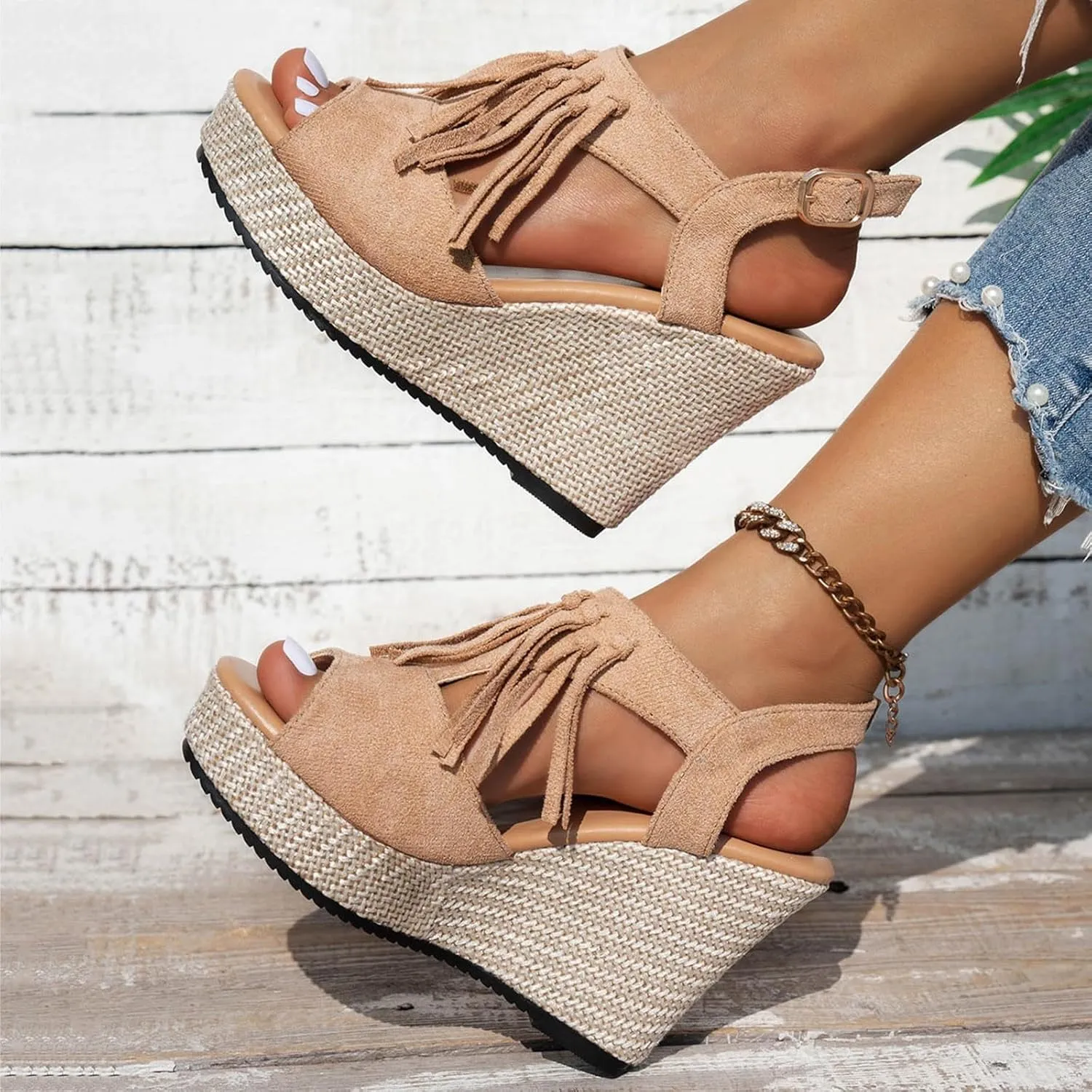 Women Summer Tassels Woven Orthopedic Wedge Sandals 2025 Summer Tassel Suede Woven Casual Open Toe Thick Soled High Heels Sandals Comfortable Lightweight Stylish Outdoor Wear Shoes