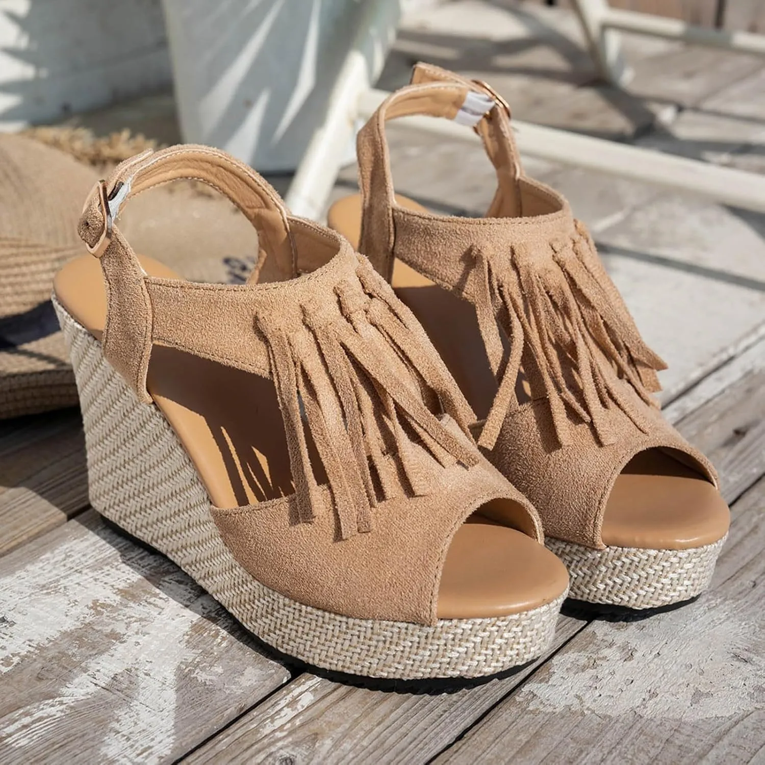 Women Summer Tassels Woven Orthopedic Wedge Sandals 2025 Summer Tassel Suede Woven Casual Open Toe Thick Soled High Heels Sandals Comfortable Lightweight Stylish Outdoor Wear Shoes
