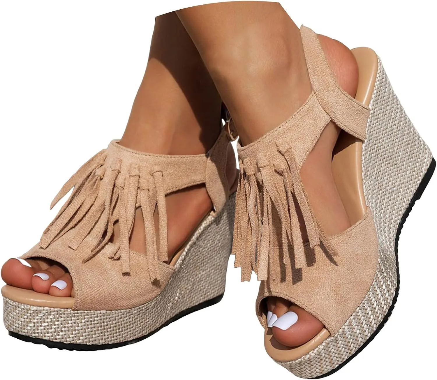 Women Summer Tassels Woven Orthopedic Wedge Sandals 2025 Summer Tassel Suede Woven Casual Open Toe Thick Soled High Heels Sandals Comfortable Lightweight Stylish Outdoor Wear Shoes