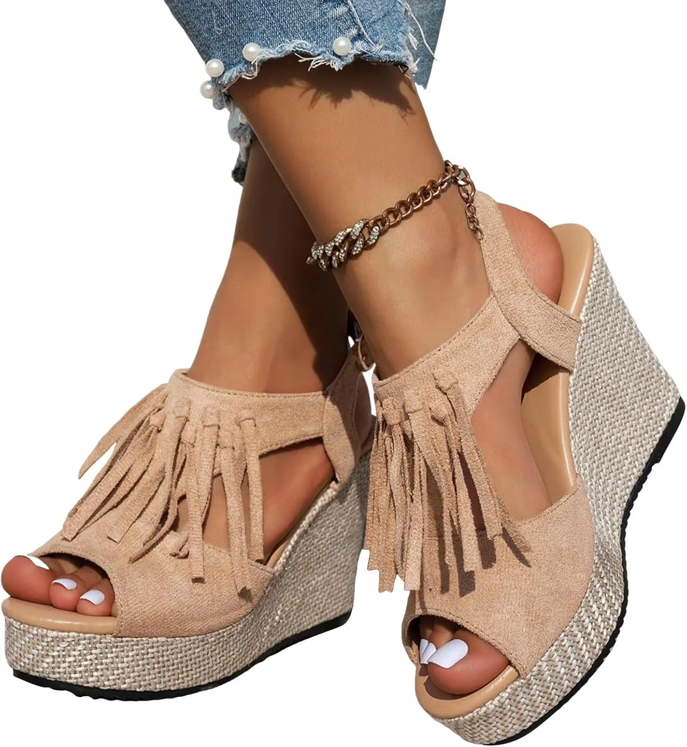 Women Summer Tassels Woven Orthopedic Wedge Sandals 2025 Summer Tassel Suede Woven Casual Open Toe Thick Soled High Heels Sandals Comfortable Lightweight Stylish Outdoor Wear Shoes