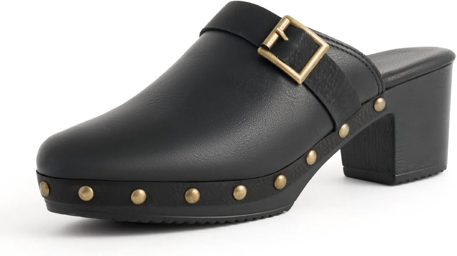 Women Wooden Clogs Closed Round Toe Mules Platform Chunky Low Heeled Slippers with Studs Backless Comfortable Summer Slide Shoes Brown