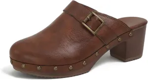Women Wooden Clogs Closed Round Toe Mules Platform Chunky Low Heeled Slippers with Studs Backless Comfortable Summer Slide Shoes Brown