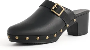 Women Wooden Clogs Closed Round Toe Mules Platform Chunky Low Heeled Slippers with Studs Backless Comfortable Summer Slide Shoes Brown