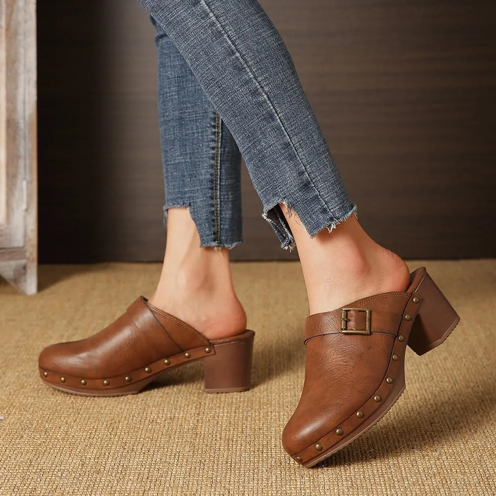 Women Wooden Clogs Closed Round Toe Mules Platform Chunky Low Heeled Slippers with Studs Backless Comfortable Summer Slide Shoes Brown