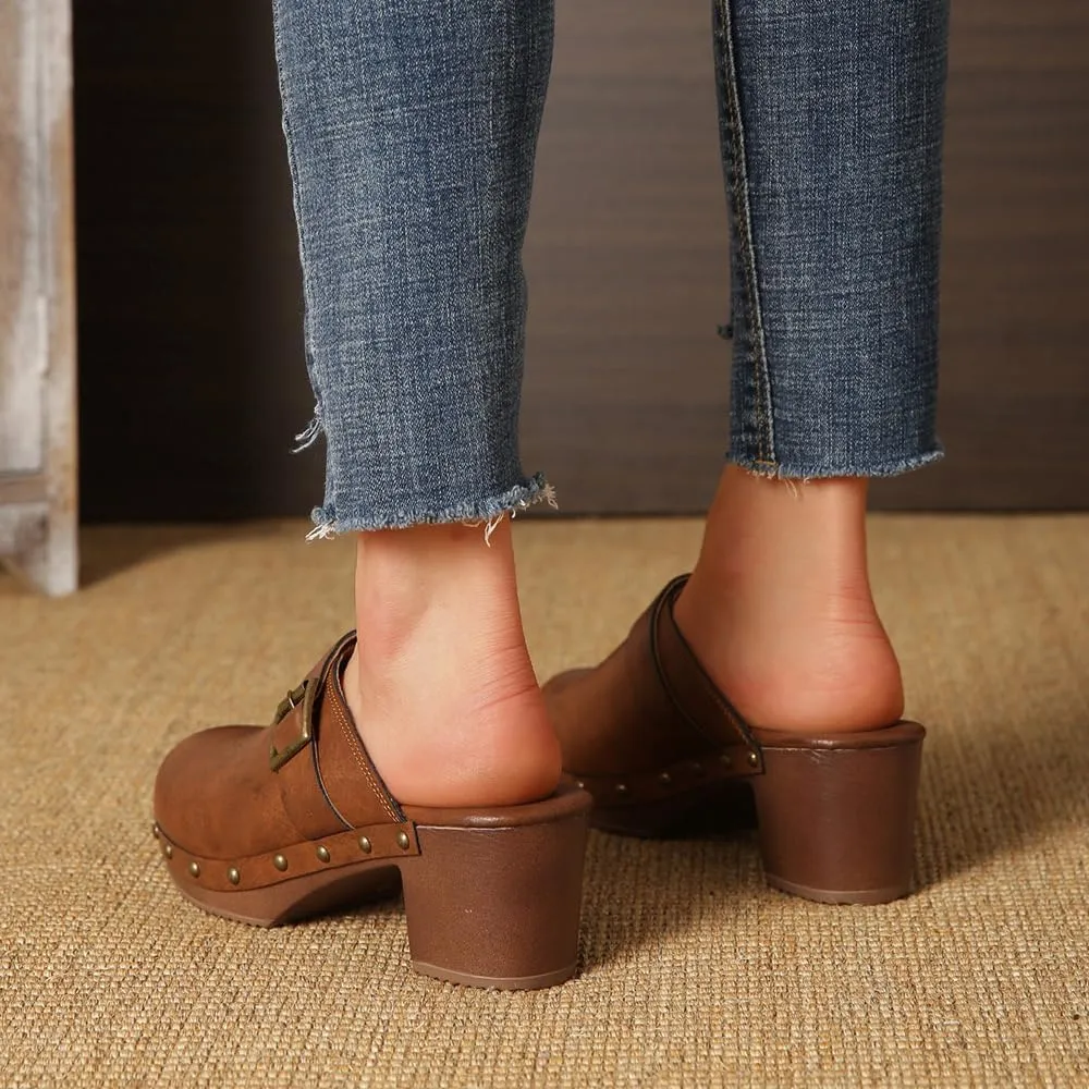 Women Wooden Clogs Closed Round Toe Mules Platform Chunky Low Heeled Slippers with Studs Backless Comfortable Summer Slide Shoes Brown