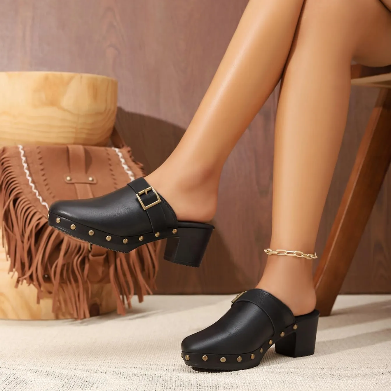 Women Wooden Clogs Closed Round Toe Mules Platform Chunky Low Heeled Slippers with Studs Backless Comfortable Summer Slide Shoes Brown