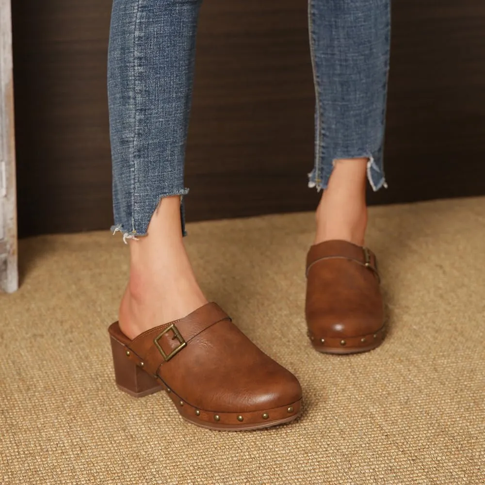 Women Wooden Clogs Closed Round Toe Mules Platform Chunky Low Heeled Slippers with Studs Backless Comfortable Summer Slide Shoes Brown