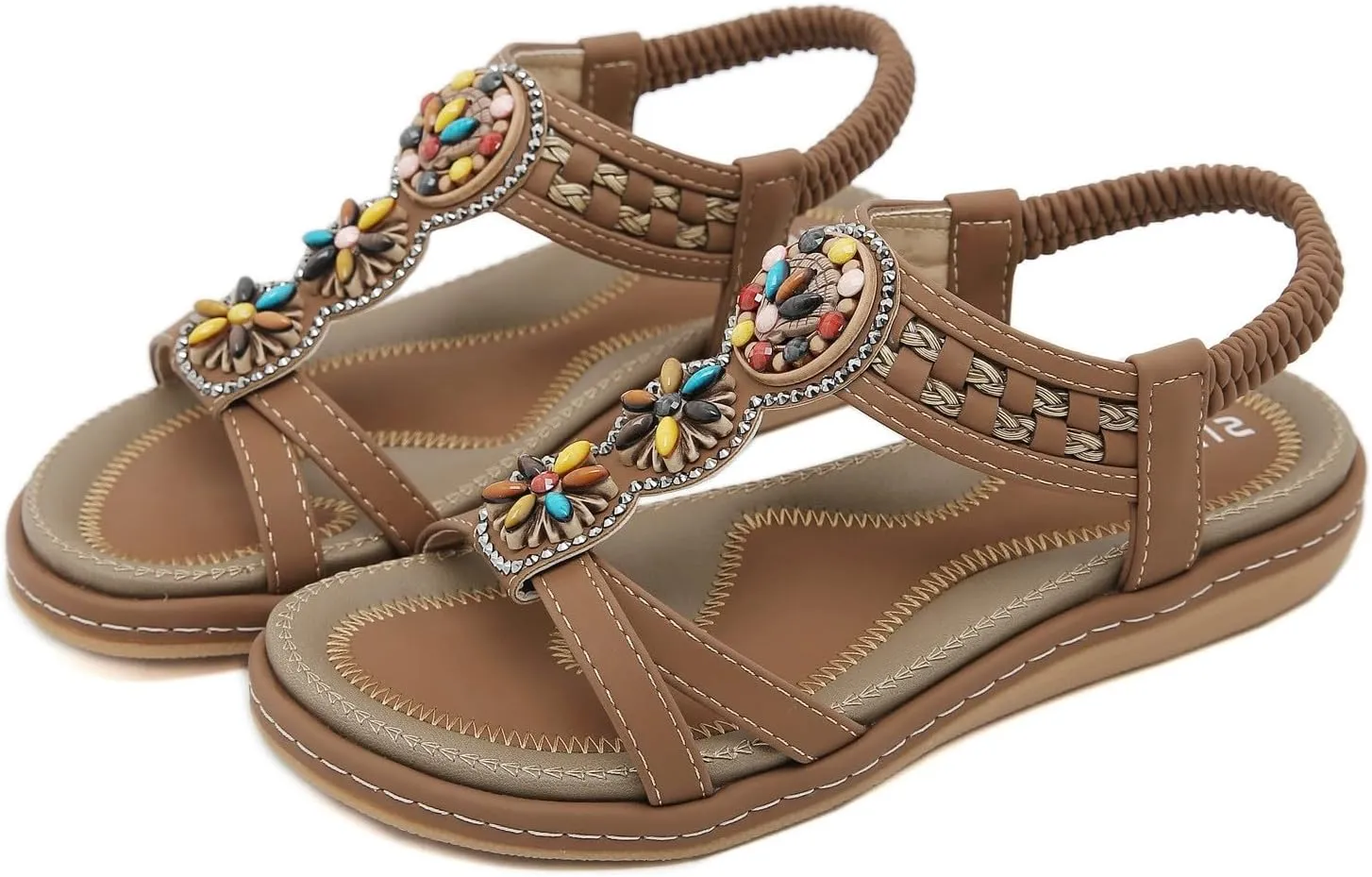 Women's Bohemian Beaded Sandals with Arch Support – Elastic Strap Flat Flip Flops for Beach Walking, Summer Comfort Casual Sandal for Party Dress