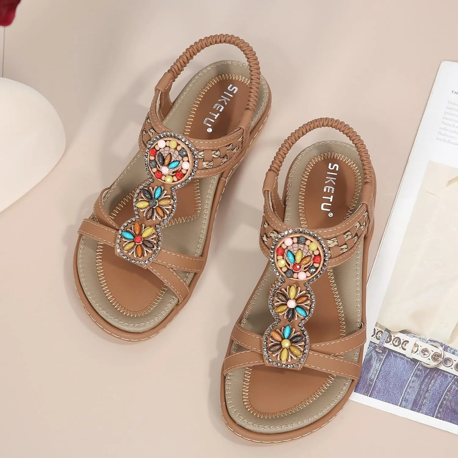 Women's Bohemian Beaded Sandals with Arch Support – Elastic Strap Flat Flip Flops for Beach Walking, Summer Comfort Casual Sandal for Party Dress