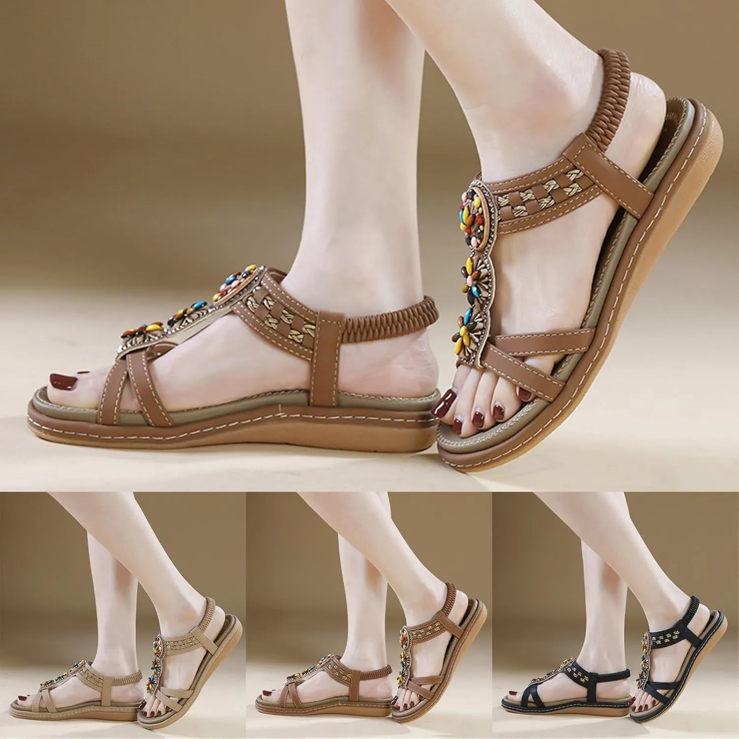 Women's Bohemian Beaded Sandals with Arch Support – Elastic Strap Flat Flip Flops for Beach Walking, Summer Comfort Casual Sandal for Party Dress