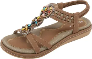 Women's Bohemian Beaded Sandals with Arch Support – Elastic Strap Flat Flip Flops for Beach Walking, Summer Comfort Casual Sandal for Party Dress