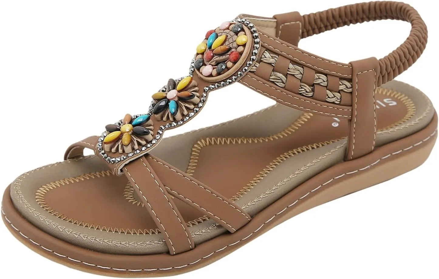 Women's Bohemian Beaded Sandals with Arch Support – Elastic Strap Flat Flip Flops for Beach Walking, Summer Comfort Casual Sandal for Party Dress