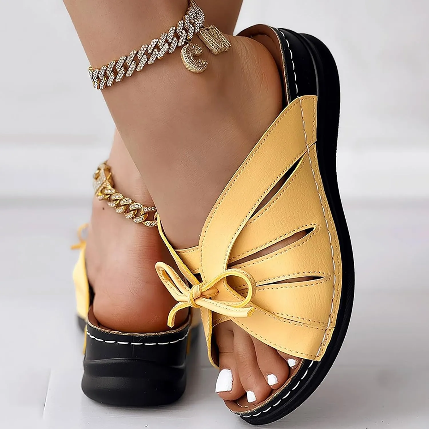 Womens Bohemian Orthopedic Sandals Fashion Hollow Out Bowknot Crossbands Backless Wedge Sandals Comfy House Slide Slippers