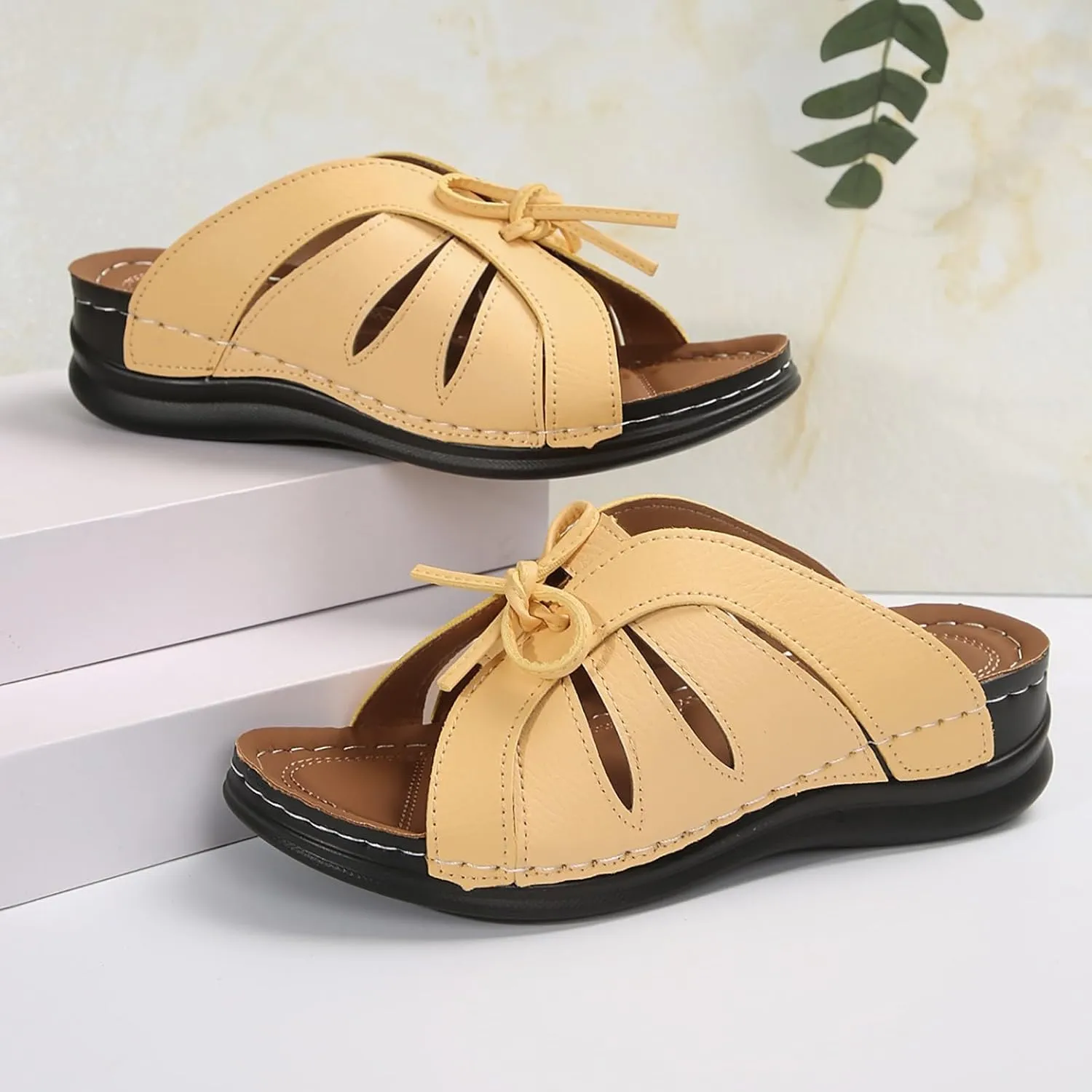 Womens Bohemian Orthopedic Sandals Fashion Hollow Out Bowknot Crossbands Backless Wedge Sandals Comfy House Slide Slippers