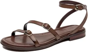 Womens Buckle Strap Ankle Strap Flat Heel Open Side Vamp Basic Sandals Split Leather Open Toe Casual Summer Sandals