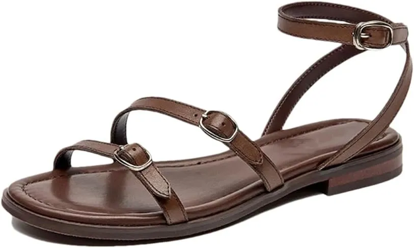 Womens Buckle Strap Ankle Strap Flat Heel Open Side Vamp Basic Sandals Split Leather Open Toe Casual Summer Sandals
