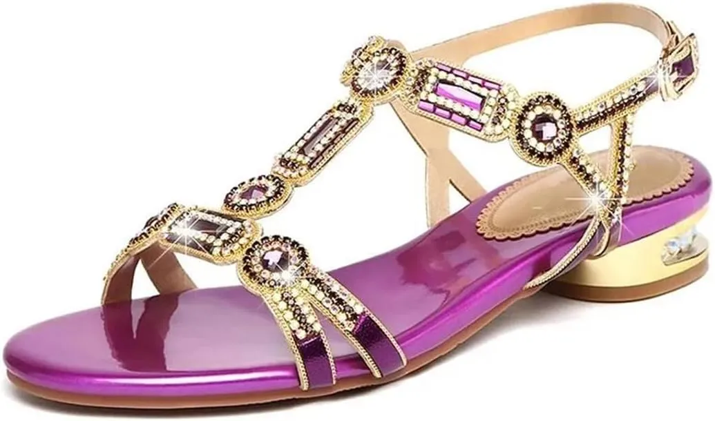 Womens Buckle Strap Back Strap Flat Heel Open Side Vamp Basic Sandals Sheepskin Crystal Detail Open Toe Beach Summer Sandals