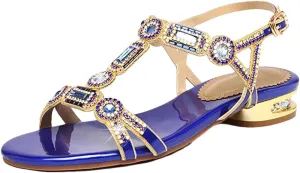 Womens Buckle Strap Back Strap Flat Heel Open Side Vamp Basic Sandals Sheepskin Crystal Detail Open Toe Beach Summer Sandals