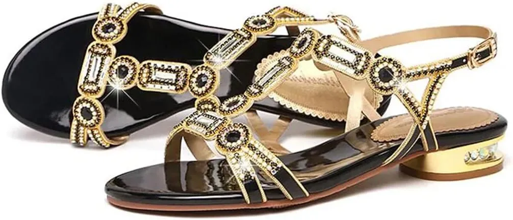 Womens Buckle Strap Back Strap Flat Heel Open Side Vamp Basic Sandals Sheepskin Crystal Detail Open Toe Beach Summer Sandals