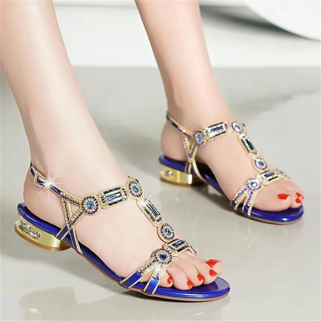 Womens Buckle Strap Back Strap Flat Heel Open Side Vamp Basic Sandals Sheepskin Crystal Detail Open Toe Beach Summer Sandals