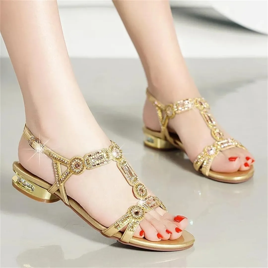 Womens Buckle Strap Back Strap Flat Heel Open Side Vamp Basic Sandals Sheepskin Crystal Detail Open Toe Beach Summer Sandals