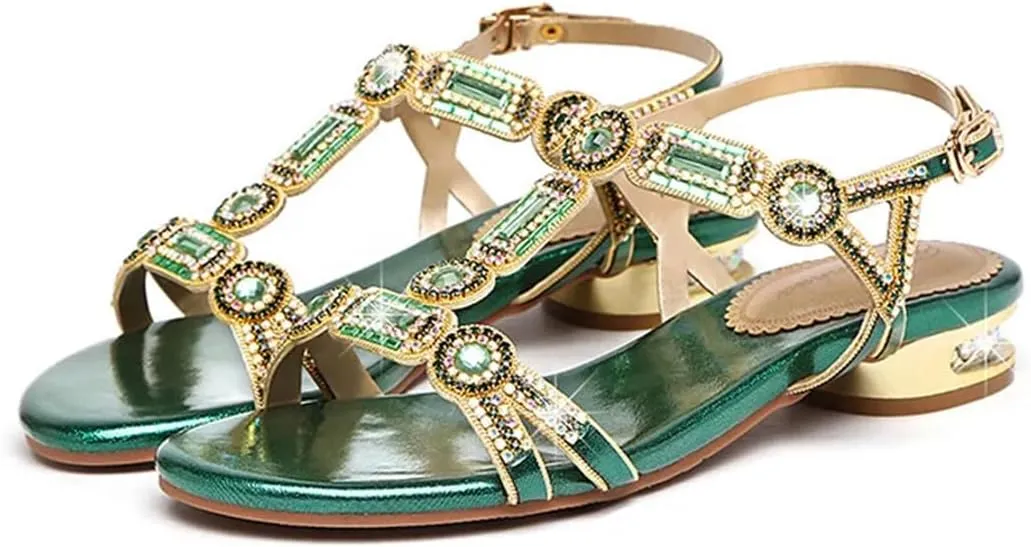 Womens Buckle Strap Back Strap Flat Heel Open Side Vamp Basic Sandals Sheepskin Crystal Detail Open Toe Beach Summer Sandals