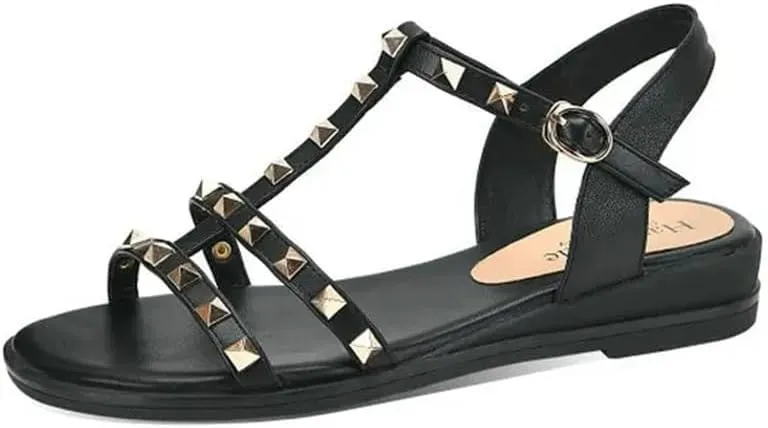 Womens Buckle Strap Back Strap Flat Heel Open Side Vamp Fisherman Sandals Cow Leather Studded Rivets Casual Summer Sandals