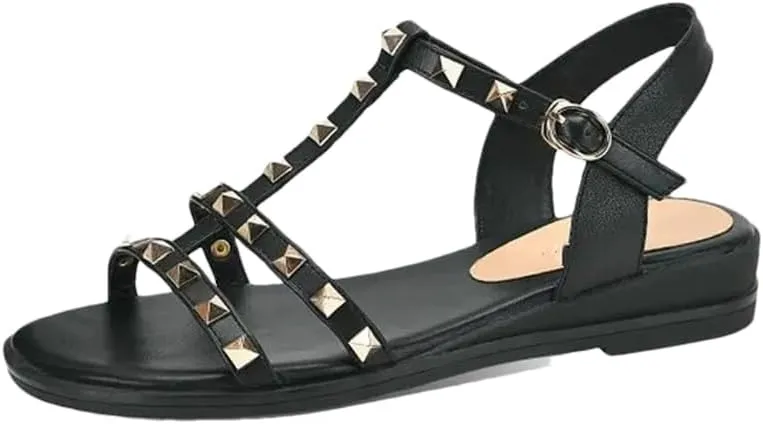 Womens Buckle Strap Back Strap Flat Heel Open Side Vamp Fisherman Sandals Cow Leather Studded Rivets Casual Summer Sandals