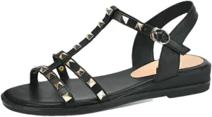 Womens Buckle Strap Back Strap Flat Heel Open Side Vamp Fisherman Sandals Cow Leather Studded Rivets Casual Summer Sandals