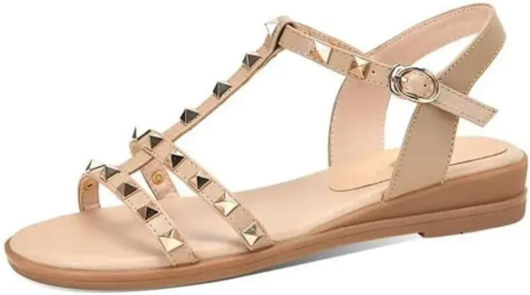 Womens Buckle Strap Back Strap Flat Heel Open Side Vamp Fisherman Sandals Cow Leather Studded Rivets Casual Summer Sandals