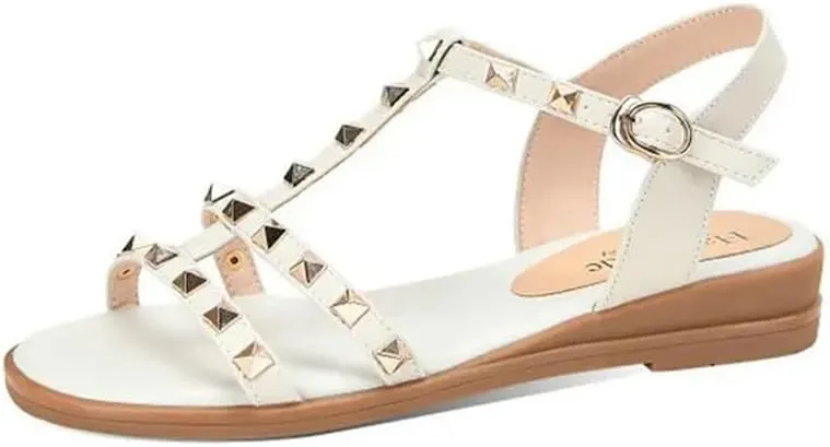 Womens Buckle Strap Back Strap Flat Heel Open Side Vamp Fisherman Sandals Cow Leather Studded Rivets Casual Summer Sandals