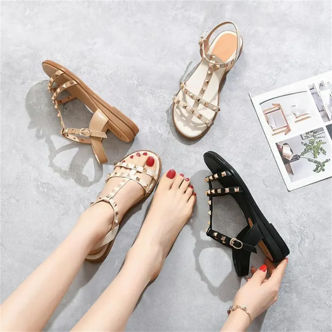 Womens Buckle Strap Back Strap Flat Heel Open Side Vamp Fisherman Sandals Cow Leather Studded Rivets Casual Summer Sandals