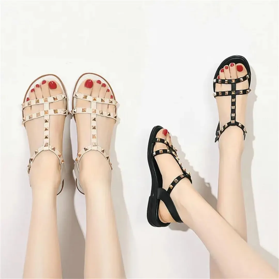 Womens Buckle Strap Back Strap Flat Heel Open Side Vamp Fisherman Sandals Cow Leather Studded Rivets Casual Summer Sandals