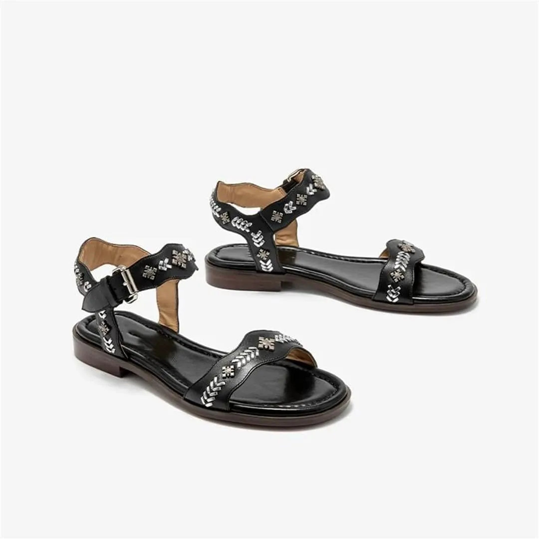 Womens Buckle Strap Back Strap Round Heel Open Side Vamp Ankle Strap Sandals Genuine Cow Leather Metal Decoration Casual Summer Sandals