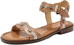 Womens Buckle Strap Back Strap Round Heel Open Side Vamp Ankle Strap Sandals Genuine Cow Leather Metal Decoration Casual Summer Sandals