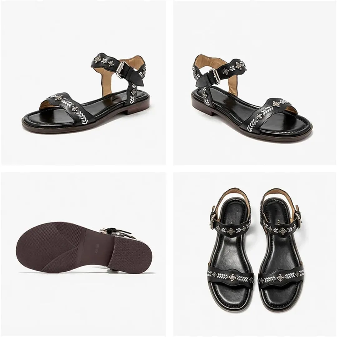 Womens Buckle Strap Back Strap Round Heel Open Side Vamp Ankle Strap Sandals Genuine Cow Leather Metal Decoration Casual Summer Sandals