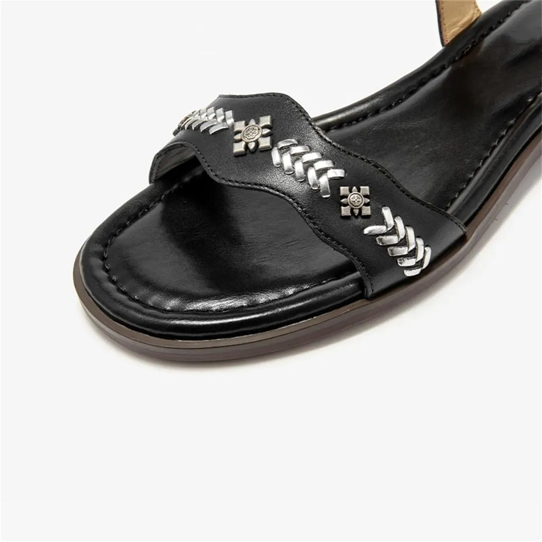 Womens Buckle Strap Back Strap Round Heel Open Side Vamp Ankle Strap Sandals Genuine Cow Leather Metal Decoration Casual Summer Sandals